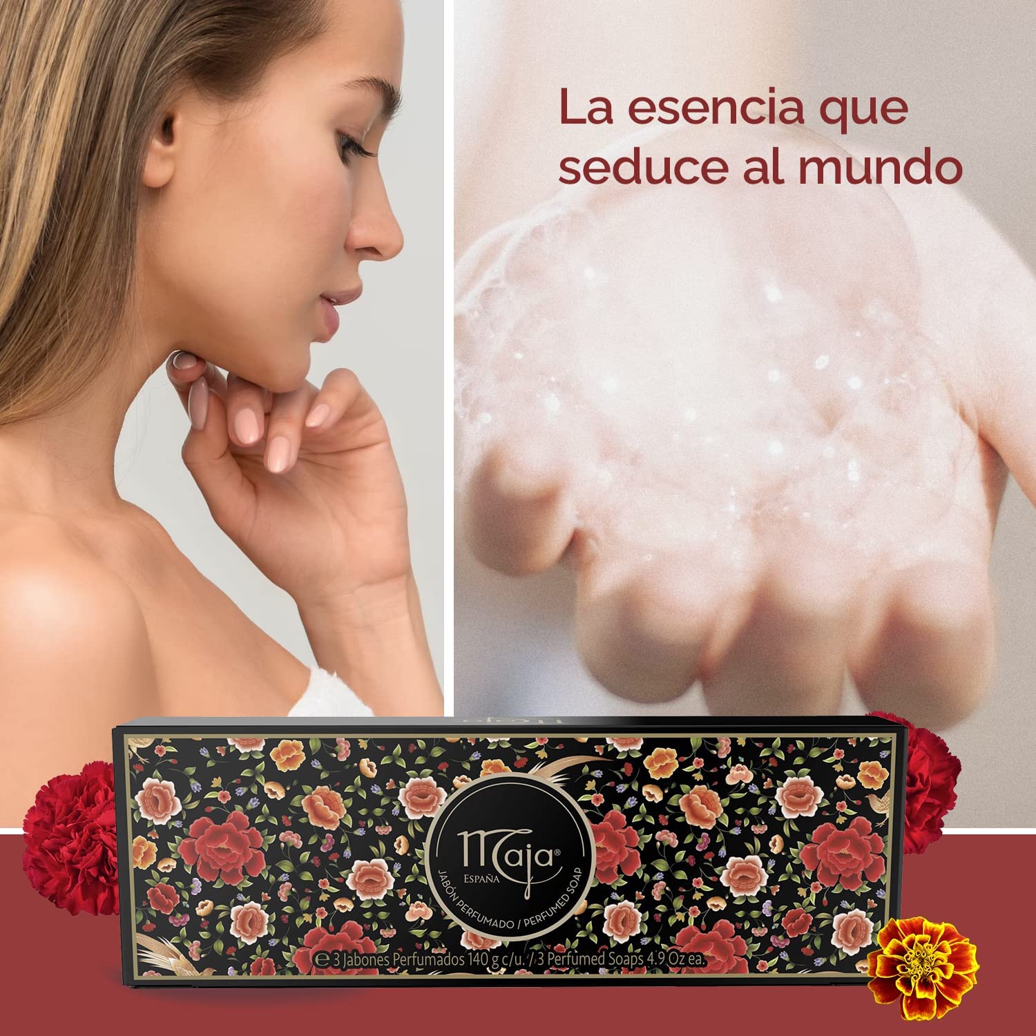 Myrurgia Maja soaps close-up texture suggests creamy lather and gentle cleansing.