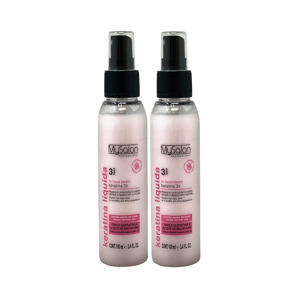 MySalon Liquid Keratin bottle for anti-frizz and shine with keratin and macadamia.