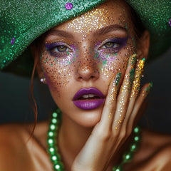 Mysense Mardi Gras glitter in hair catching light for festive, eye-catching styling.