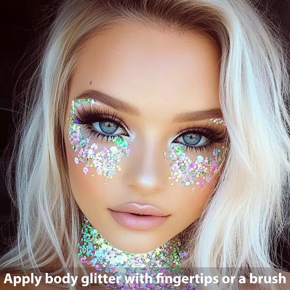 Mysense Rainbow Glitter Stick light reflection highlights skin and hair during concert lighting.