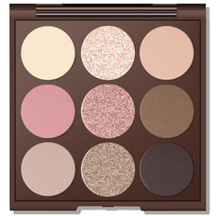 MYSTER ROSEY neutral eyeshadow palette with built-in mirror for on-the-go touch-ups.