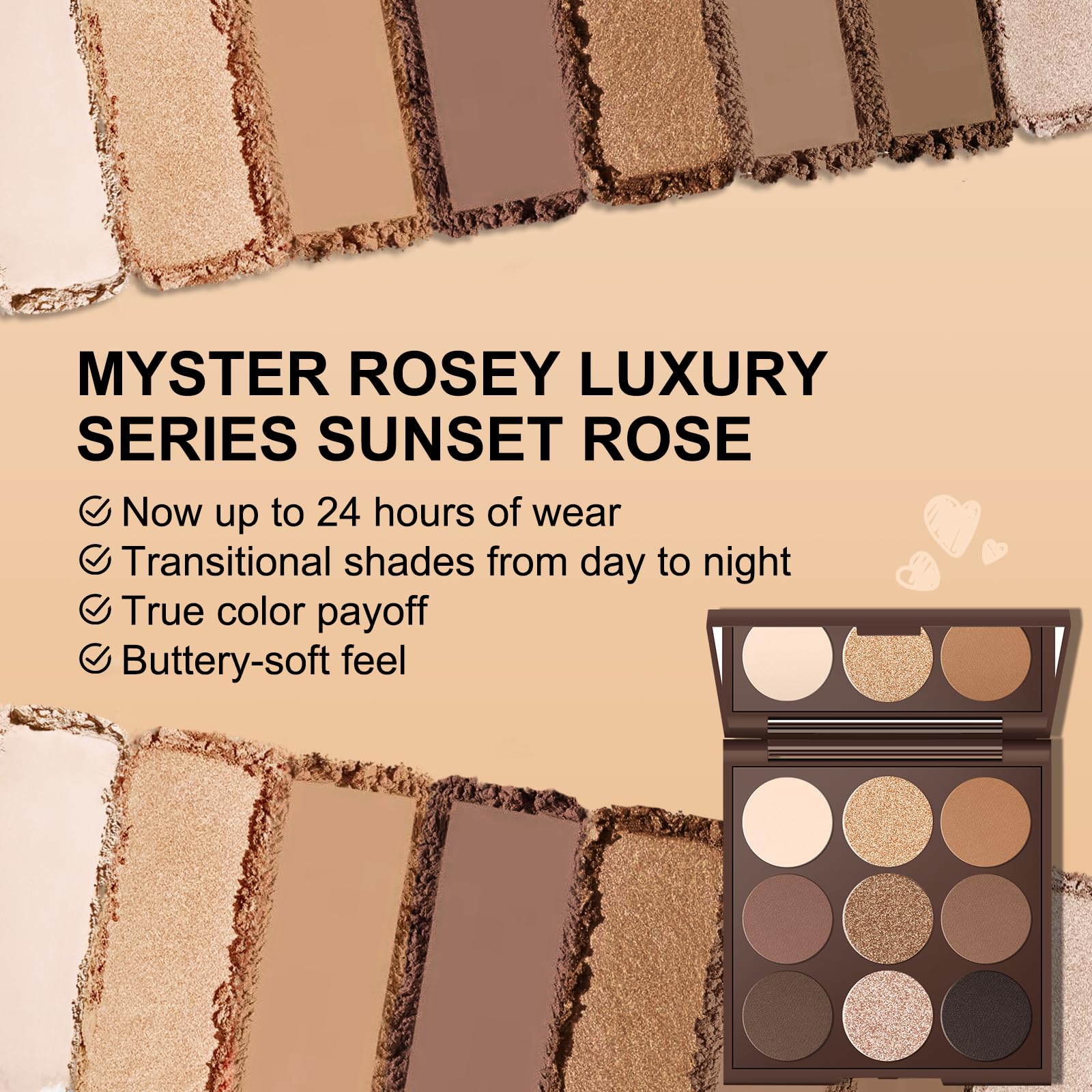 Close-up swatches highlighting rich browns and taupes