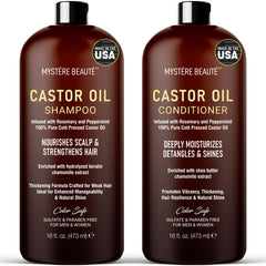 MYSTÉRE BEAUTÉ castor oil shampoo bottle with peppermint promises cooling scalp hydration.