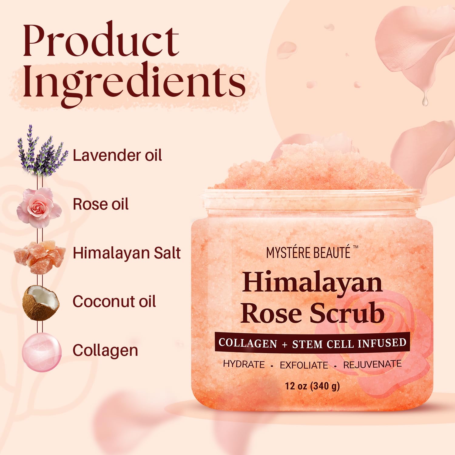 Mystère Beauté Himalayan Salt Scrub moisturizes to restore hydration after exfoliation.