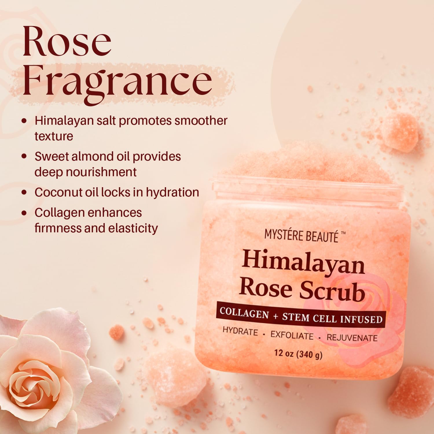 Mystère Beauté Himalayan Salt Scrub pink salt minerals detoxify pores and soften skin.