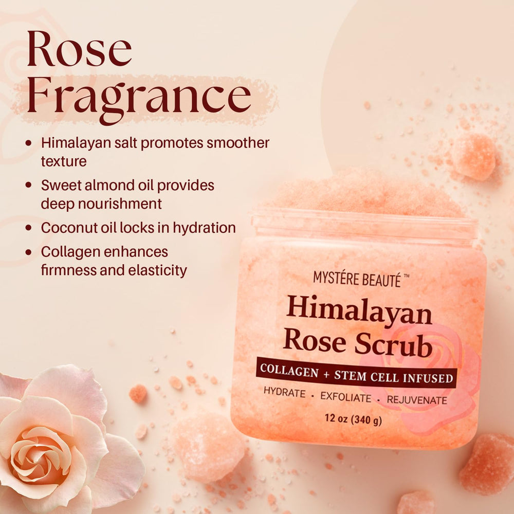 Mystère Beauté Himalayan Salt Scrub pink salt minerals detoxify pores and soften skin.