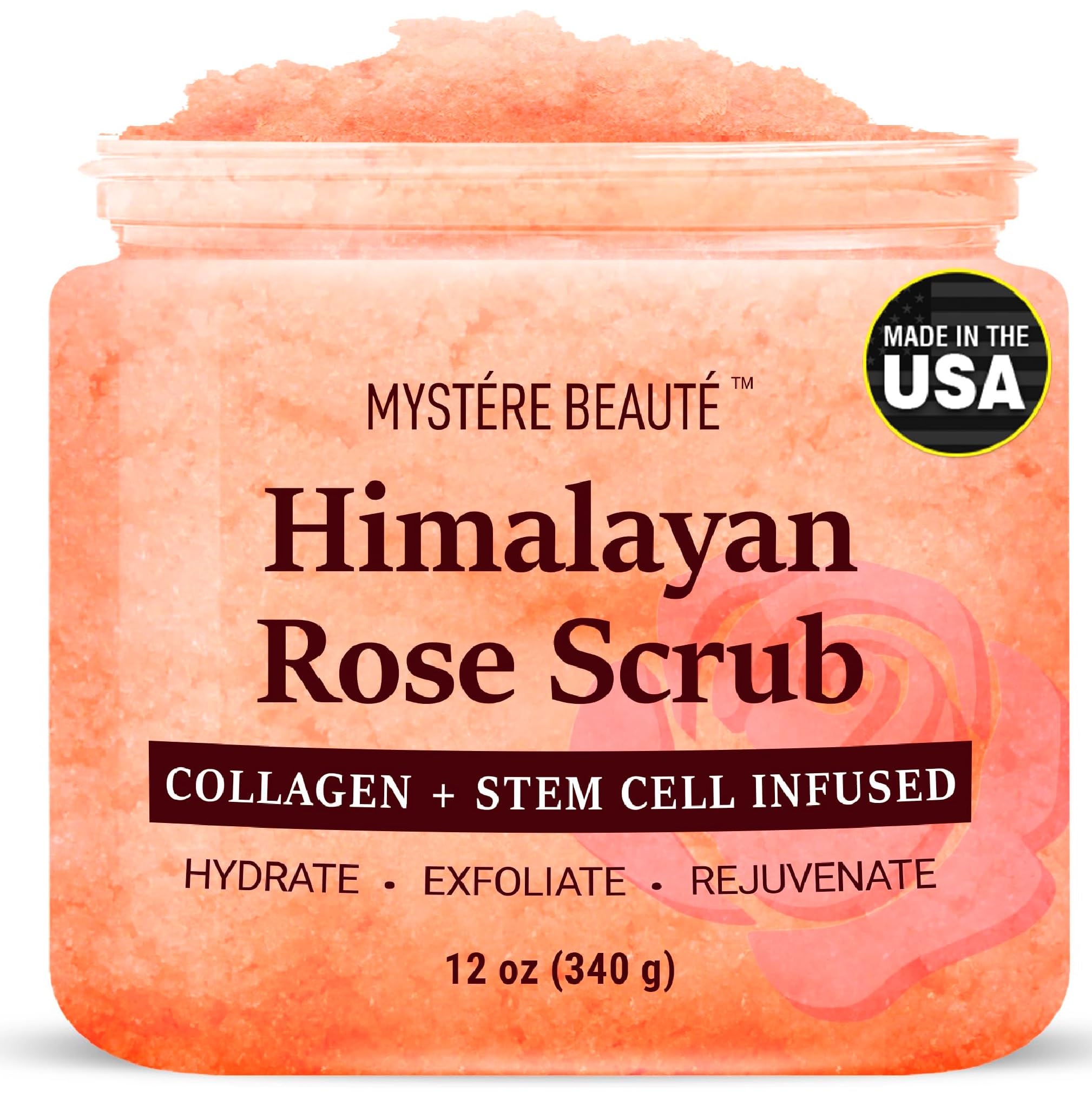 Mystère Beauté Himalayan Salt Scrub with rose oil exfoliates for an even skin tone.