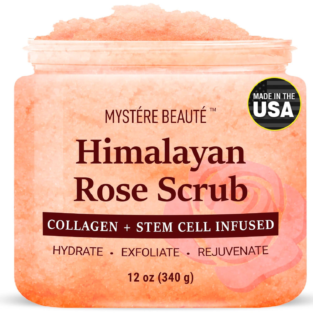 Mystère Beauté Himalayan Salt Scrub with rose oil exfoliates for an even skin tone.