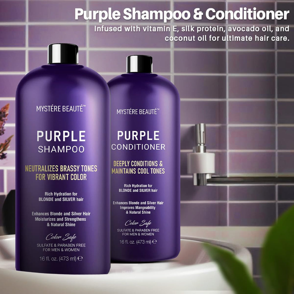 Purple set on bathroom shelf ready for routine use