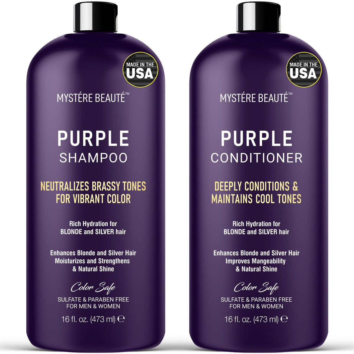 MYSTÉRE BEAUTÉ purple shampoo bottle showing color-depositing action for blondes and silvers