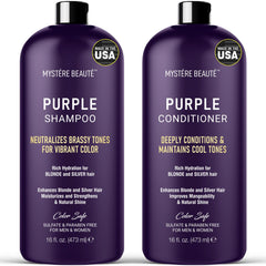 MYSTÉRE BEAUTÉ purple shampoo bottle showing color-depositing action for blondes and silvers