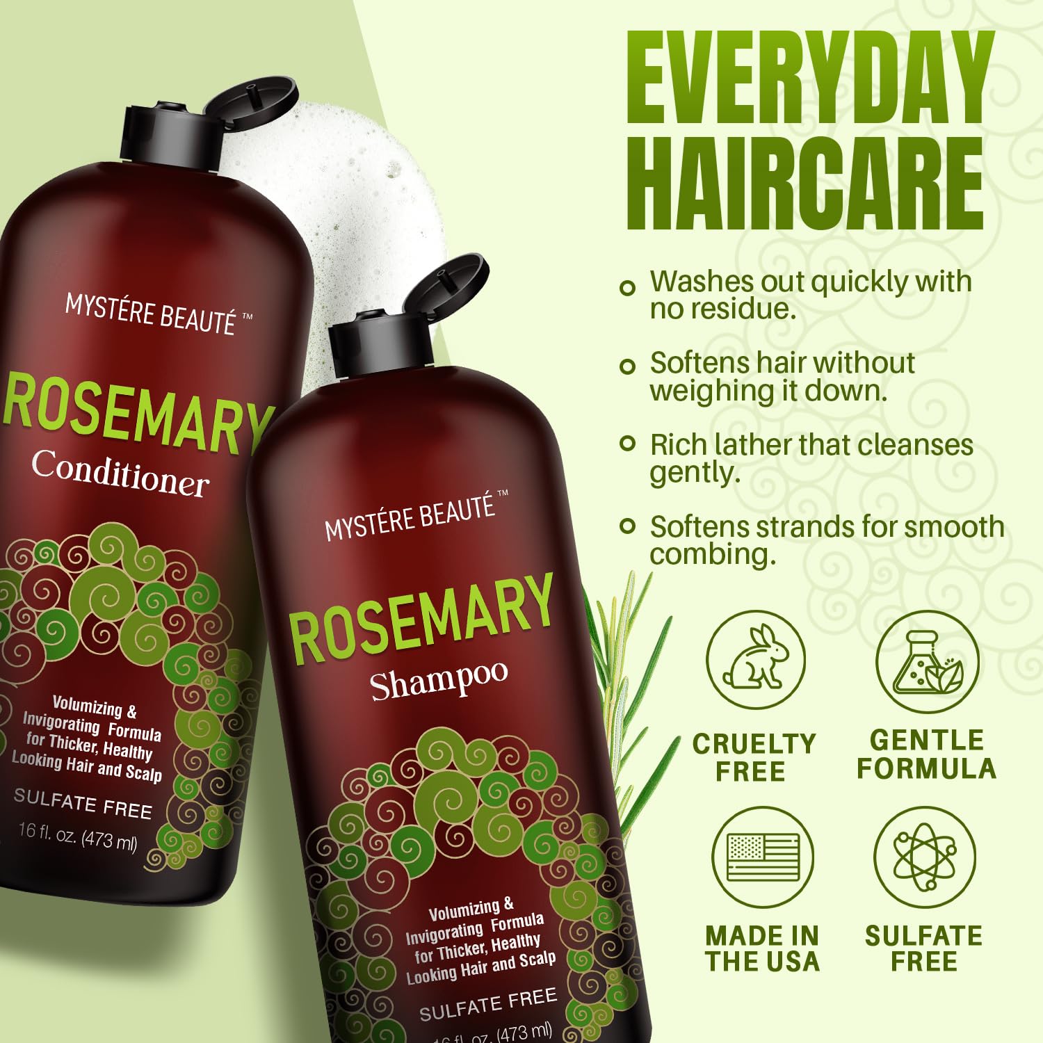 Mystère Beauté rosemary conditioner texture close-up shows smooth, hydrating formula