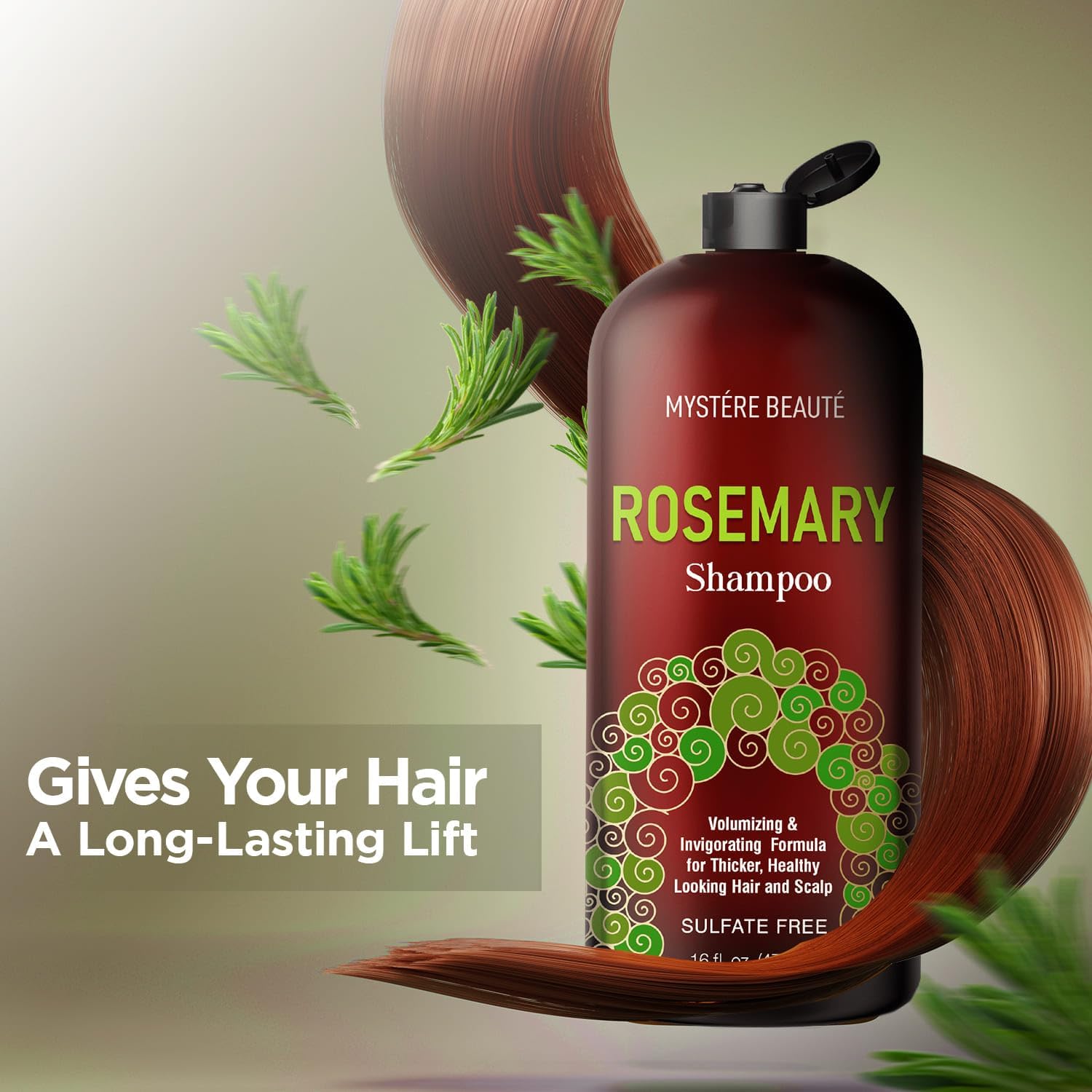 MYSTÉRE BEAUTÉ Rosemary Shampoo onion extract visual highlights scalp cleansing and strengthening potential.