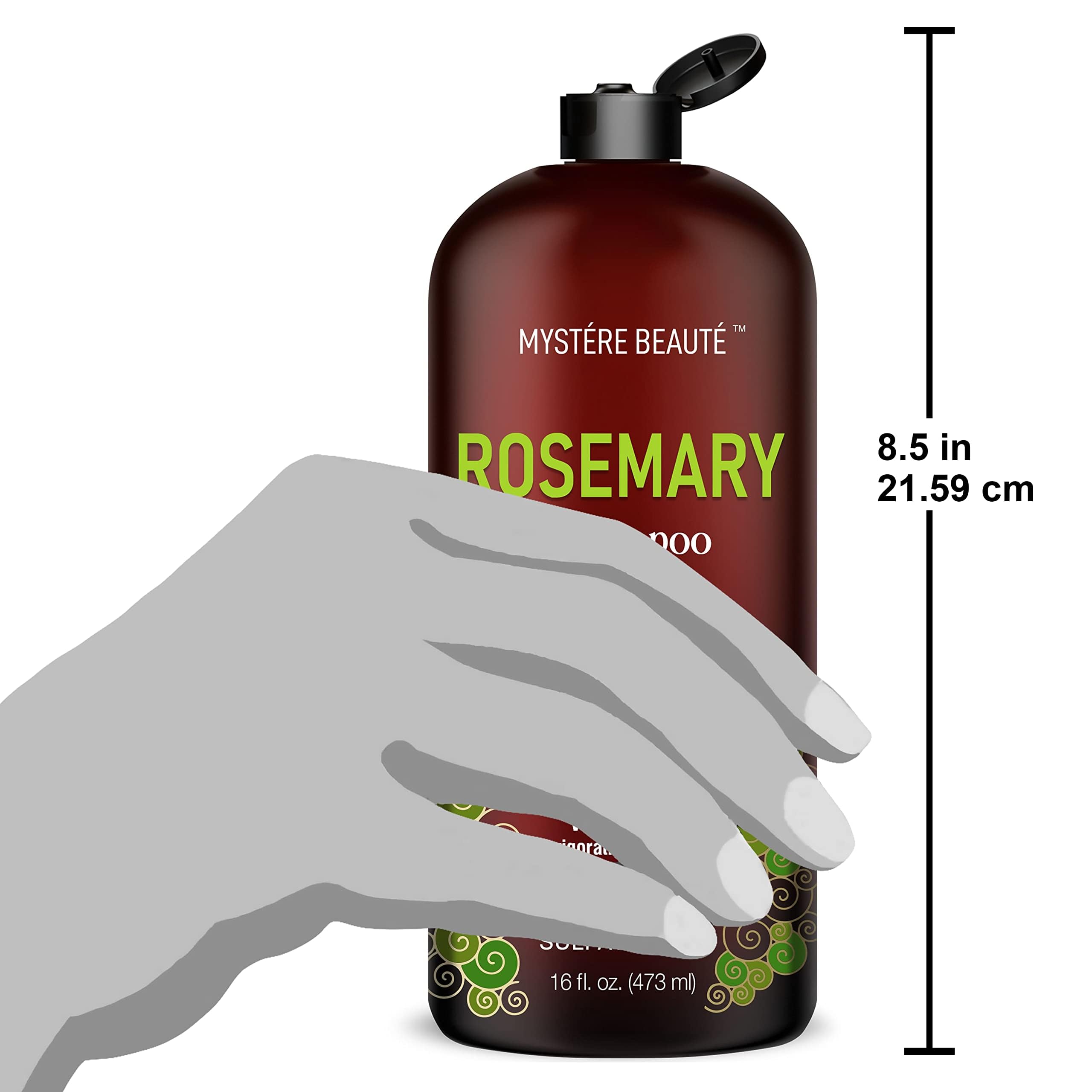 MYSTÉRE BEAUTÉ Rosemary Shampoo in bathroom setup emphasizes convenient 16 oz bottle for daily use.