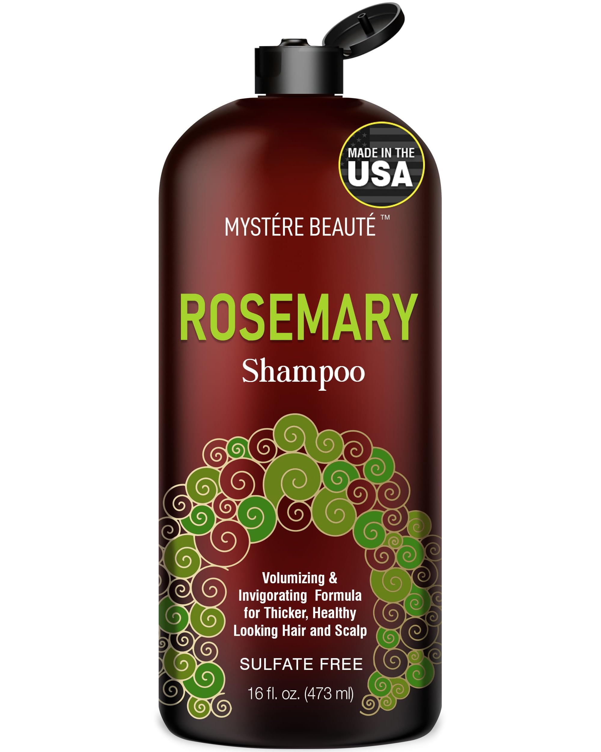 MYSTÉRE BEAUTÉ Rosemary Shampoo bottle shows gentle, scalp-refreshing cleanse for all hair types.