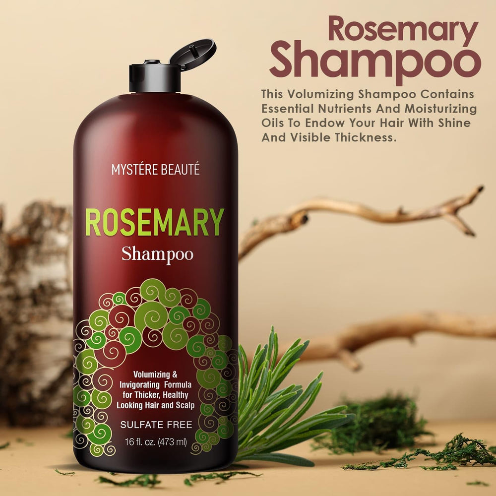 MYSTÉRE BEAUTÉ Rosemary Shampoo close-up of ingredients emphasizes rosemary oil and biotin benefits.