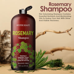 MYSTÉRE BEAUTÉ Rosemary Shampoo close-up of ingredients emphasizes rosemary oil and biotin benefits.