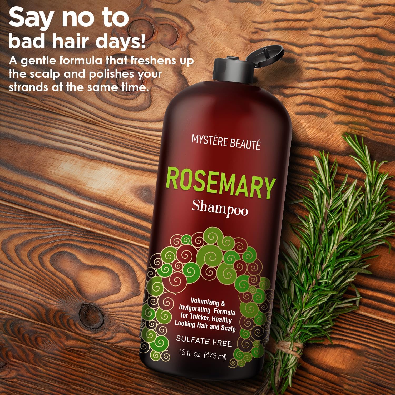MYSTÉRE BEAUTÉ Rosemary Shampoo label close-up communicates organic, sulfate-free care for sensitive scalps.