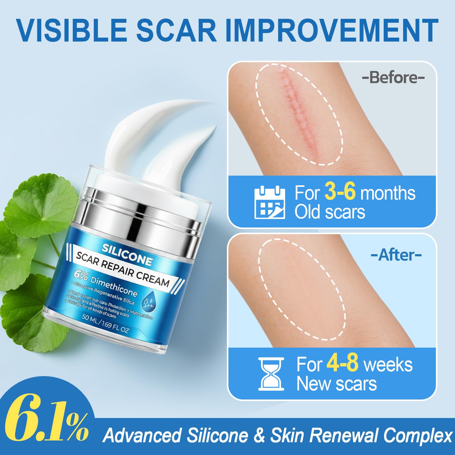 Close-up of MythosFlow 6% dimethicone cream jar for advanced scar repair