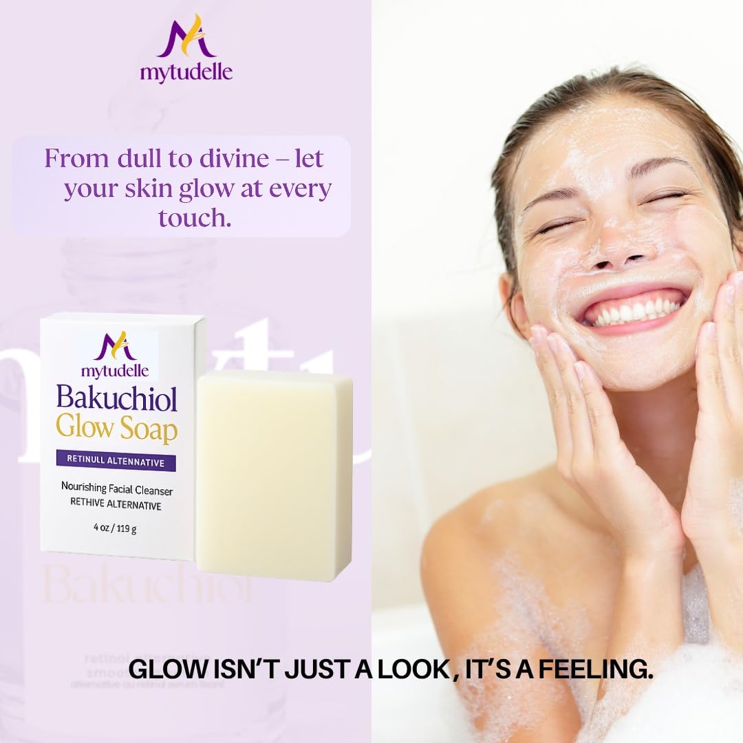 Mytudelle Bakuchiol Glow Soap bar with natural ingredients promotes even-toned skin