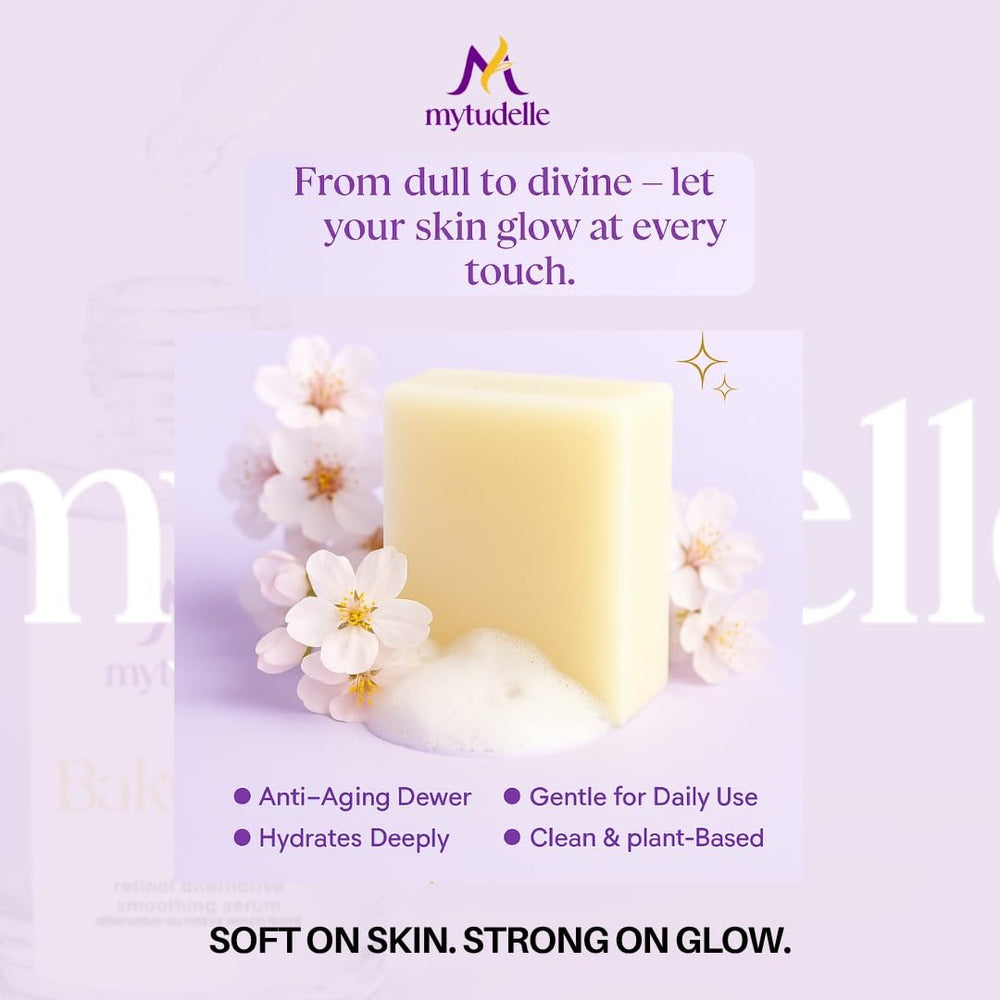 Mytudelle Bakuchiol Glow Soap bar under water rinse for hydrating cleanse