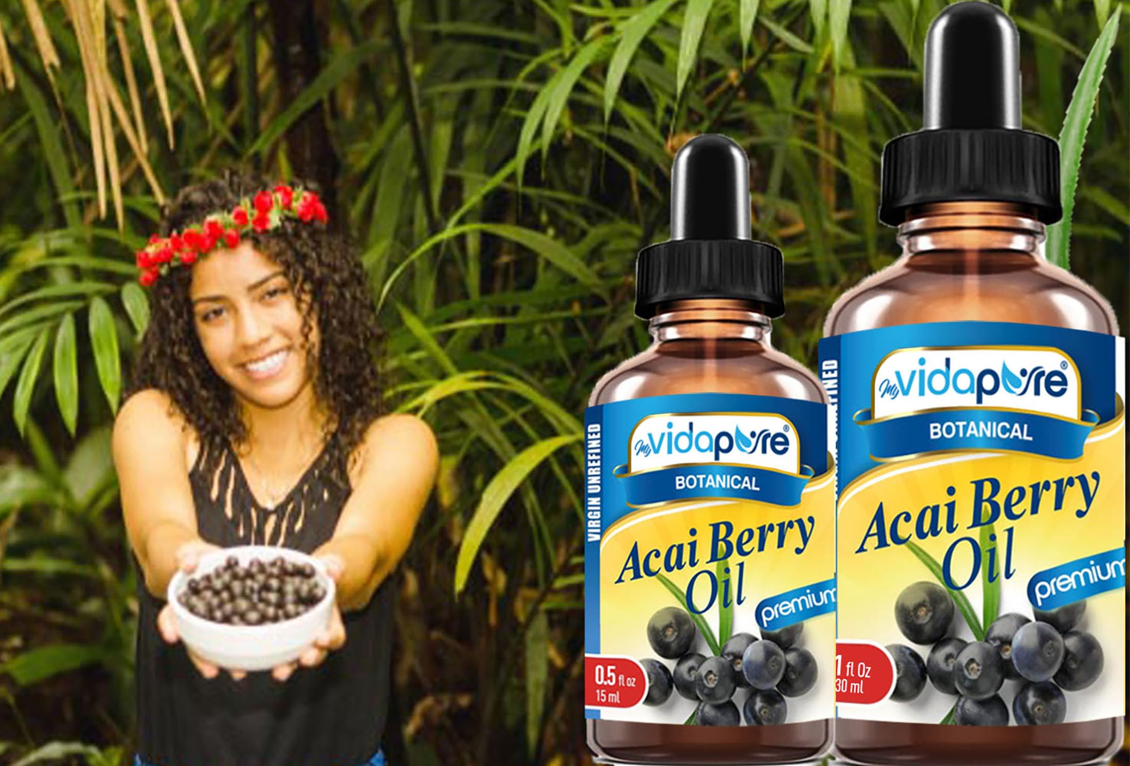 MYVIDAPURE Acai Berry Oil 1oz packaging ideal for travel care.
