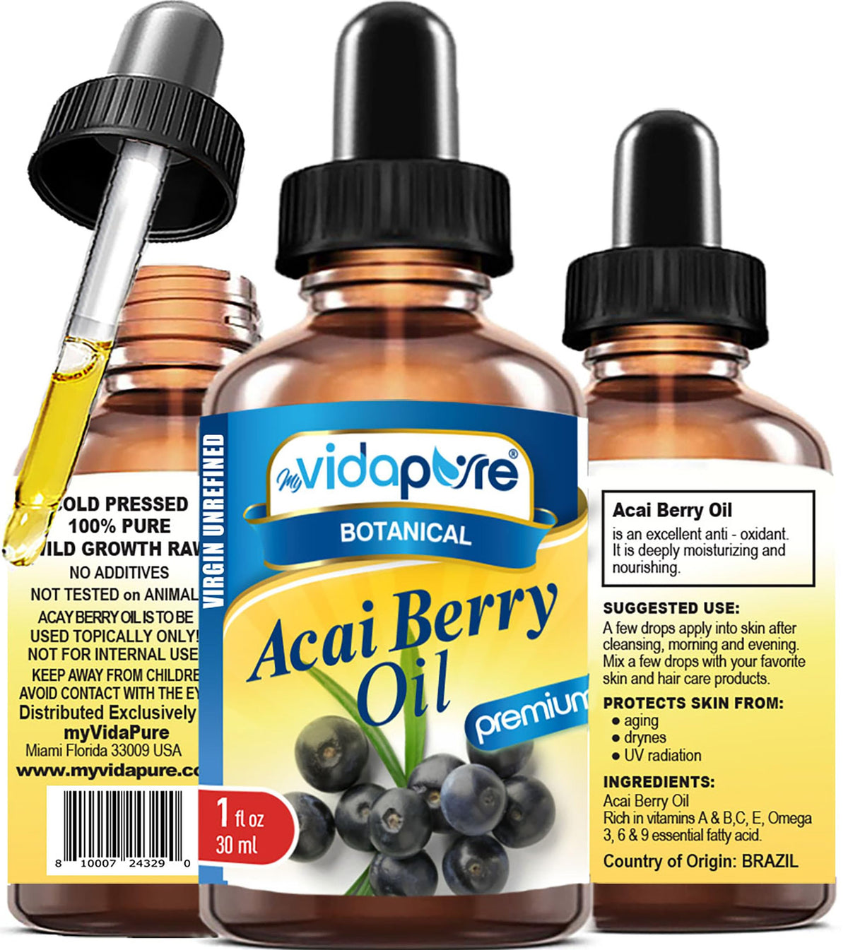 MYVIDAPURE Acai Berry Oil bottle front view for nourishing skin.