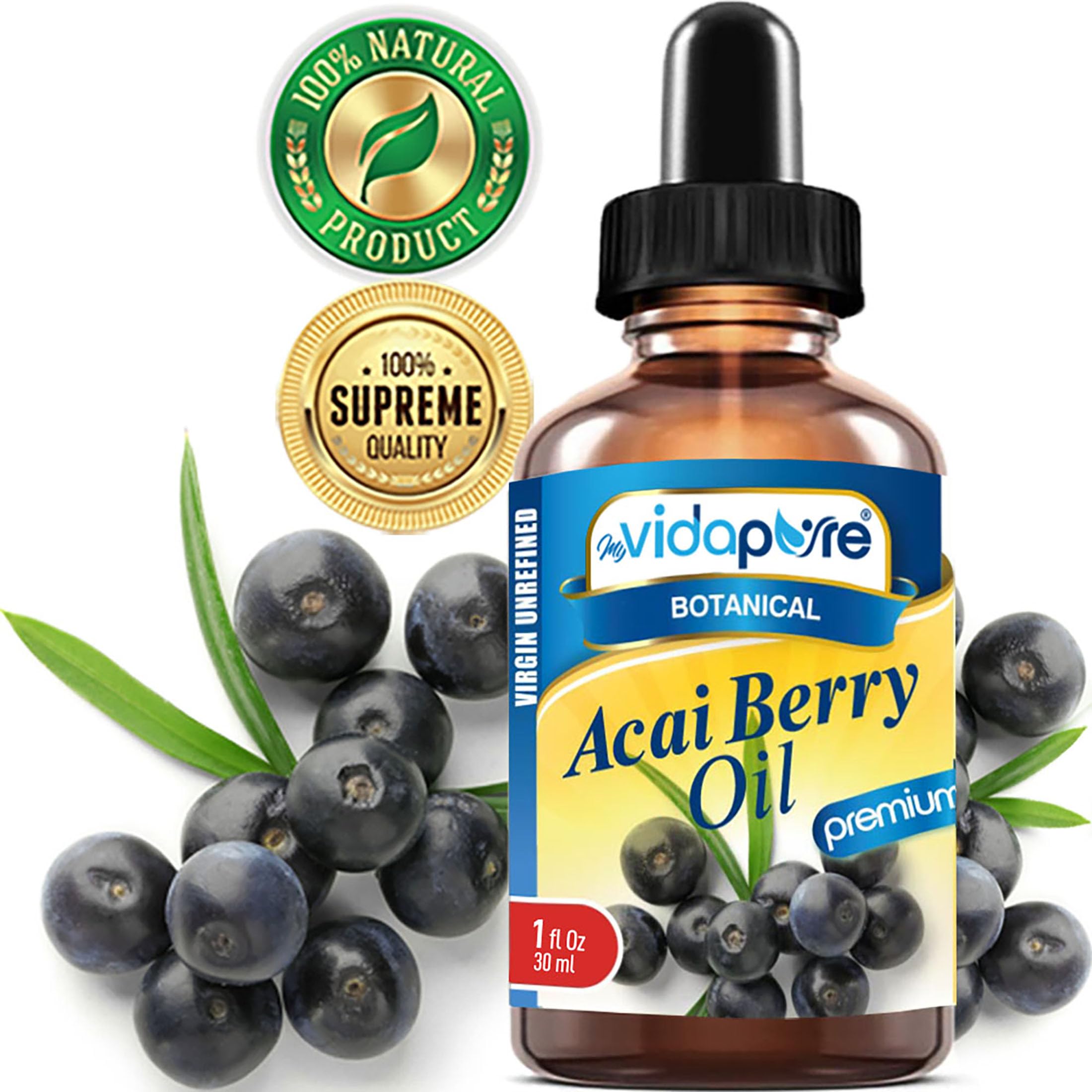 MYVIDAPURE Acai Berry Oil bottle pour showing quick-absorb formula.