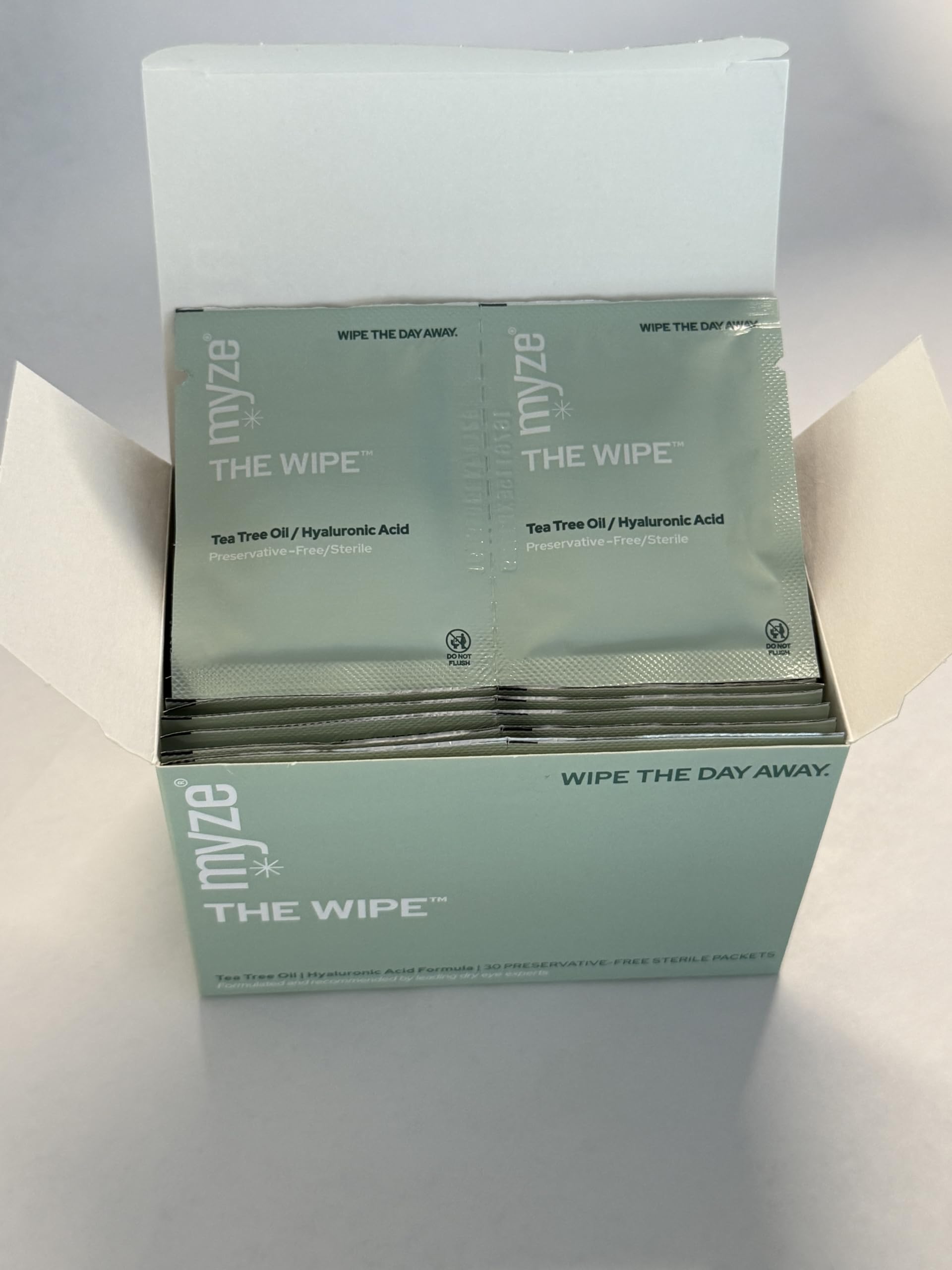 Myze The Wipe 30-count sterile wipes ideal for daily eye care routines.