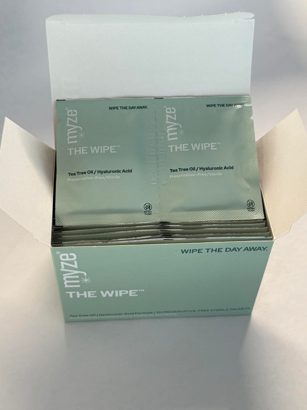 Myze The Wipe 30-count sterile wipes ideal for daily eye care routines.