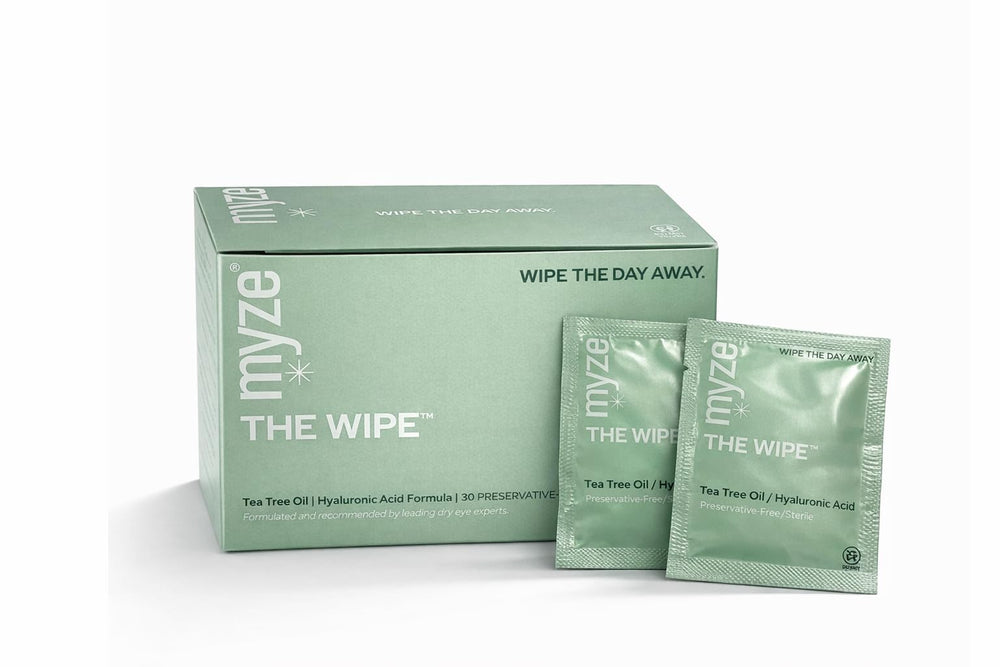 Myze The Wipe tea tree eyelid wipe for daily eyelid hygiene and cleansing.