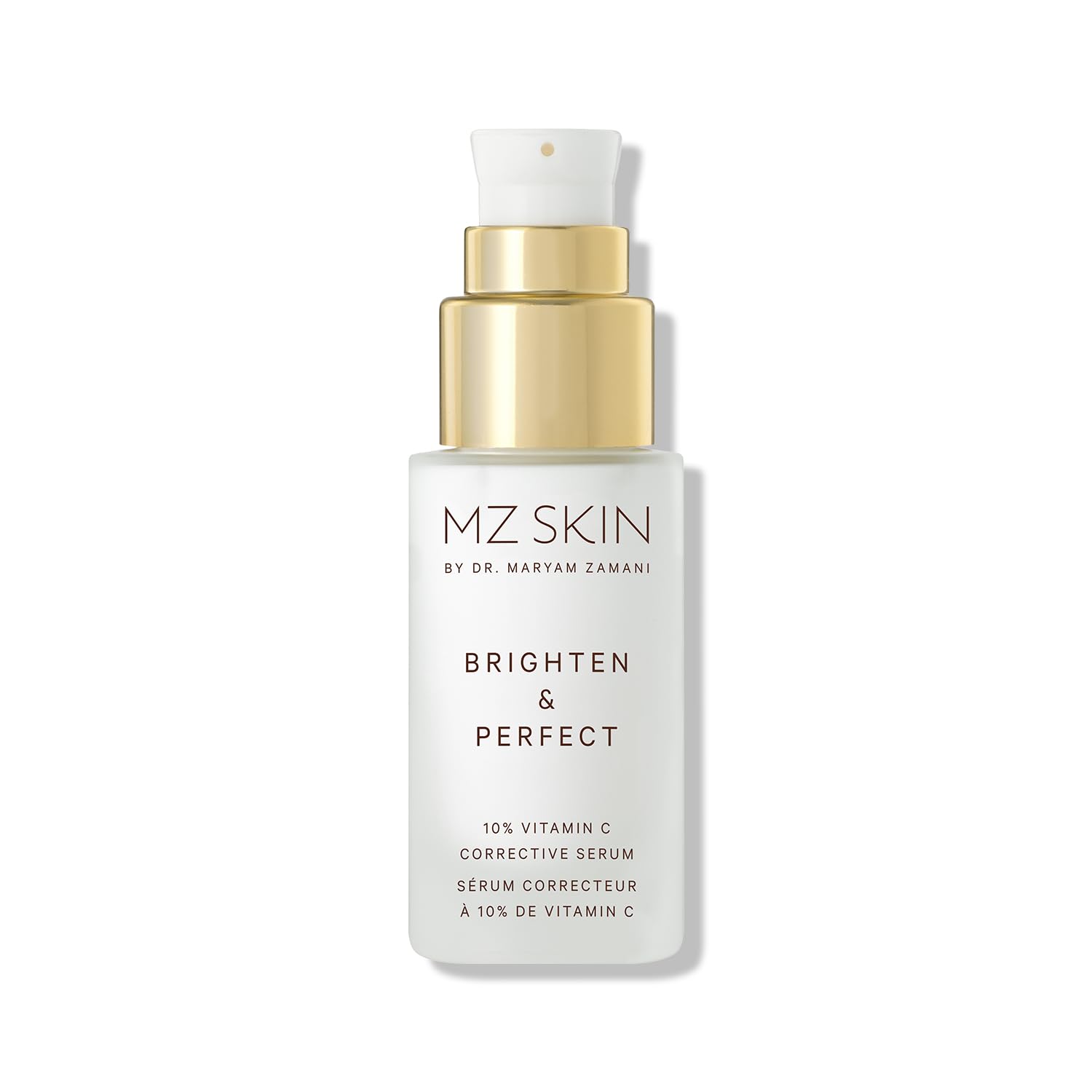 MZ SKIN Brighten serum bottle front showing elegant packaging for radiant skin