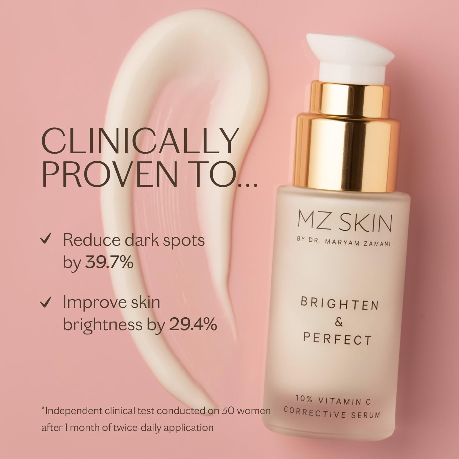 MZ SKIN Brighten serum swirled on hand highlights lightweight texture