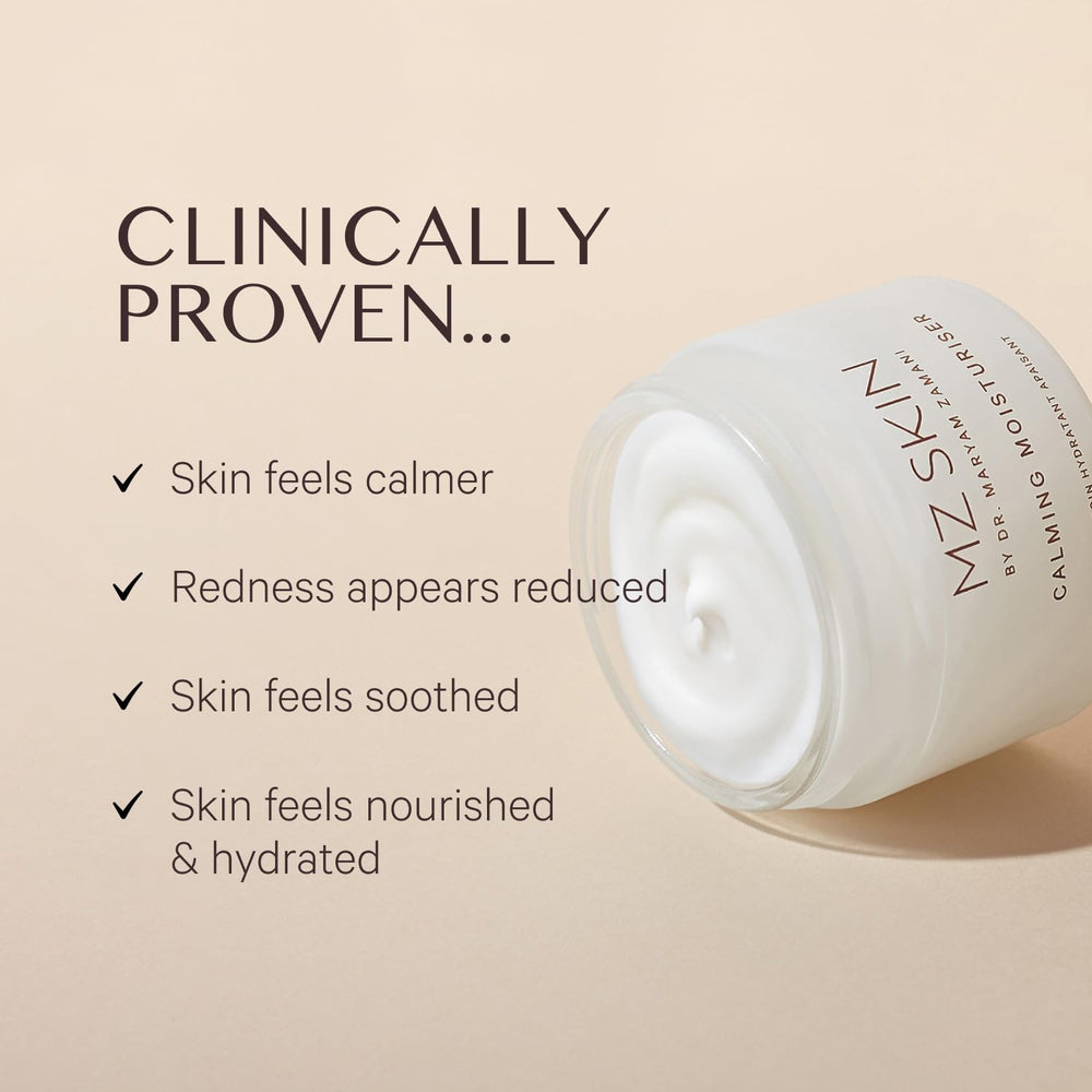 MZ Skin Calming Moisturizer cream swirl highlighting hydrating, lightweight texture