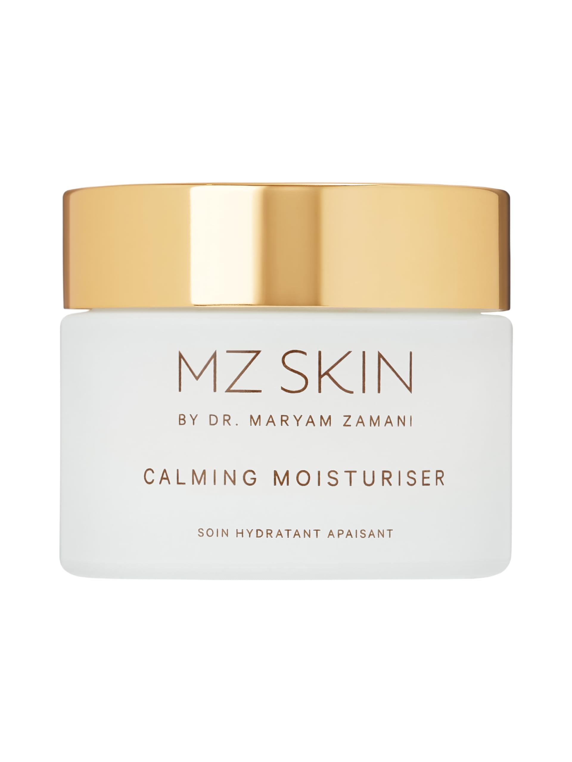 MZ Skin Calming Moisturizer jar closeup showing fragrance-free soothing formula for sensitive skin