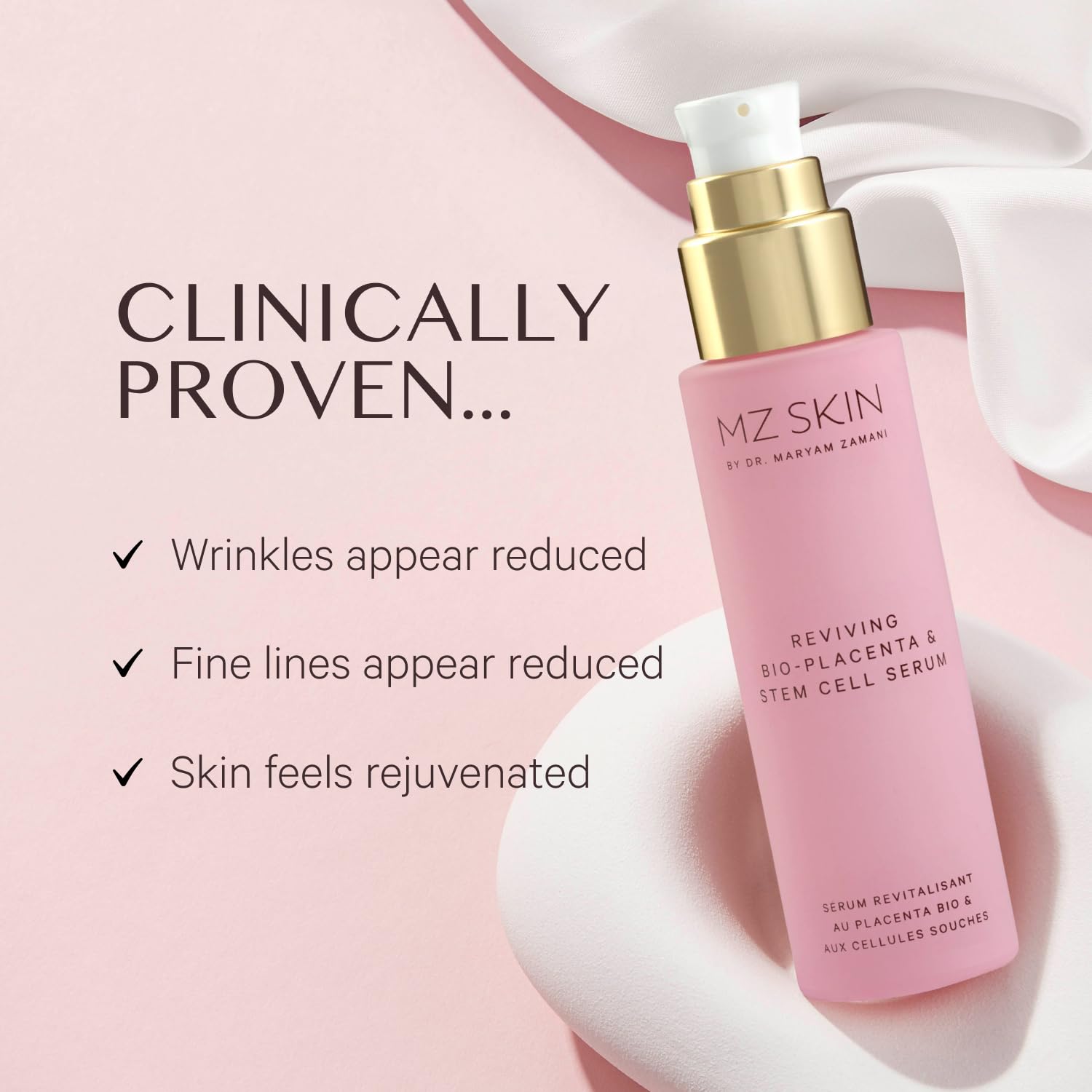 Texture close-up of MZ SKIN Reviving Serum showing a rich hydration formula.