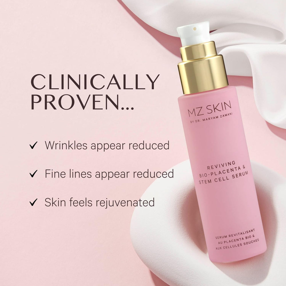 Texture close-up of MZ SKIN Reviving Serum showing a rich hydration formula.