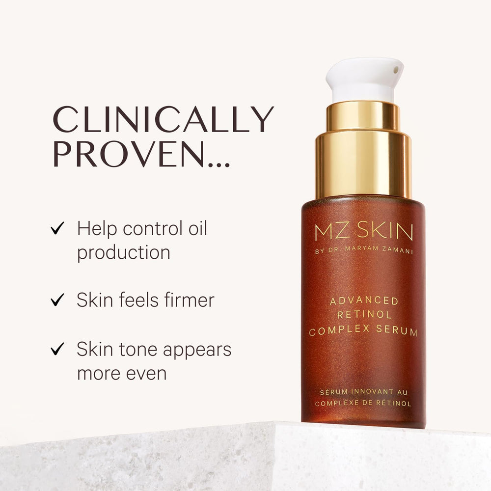 MZ SKIN Advanced Retinol Complex Serum label closeup highlighting encapsulated retinol formula