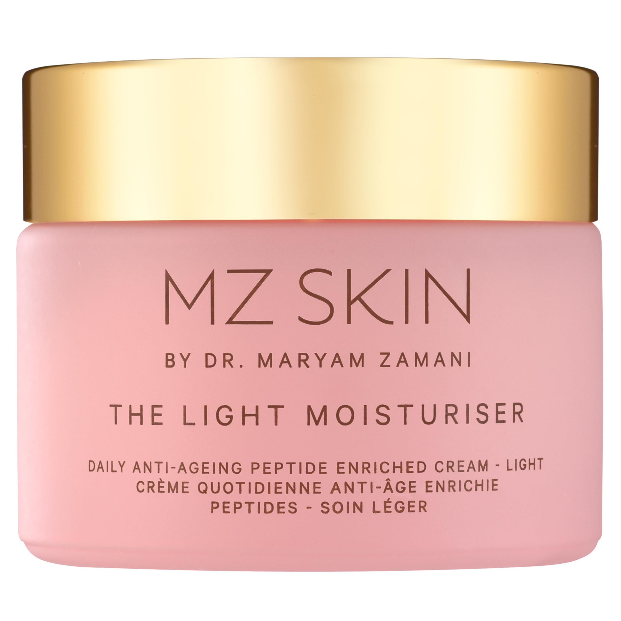 MZ SKIN The Light Moisturiser bottle close-up reveals a light, oil-free hydration.