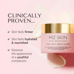 MZ SKIN The Light Moisturiser ingredients panel highlights hyaluronic acid and peptides.