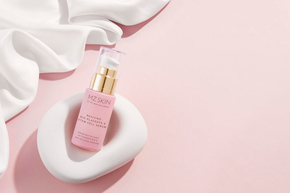 MZ SKIN Serum application reveals swirled texture for soothing nightly use.