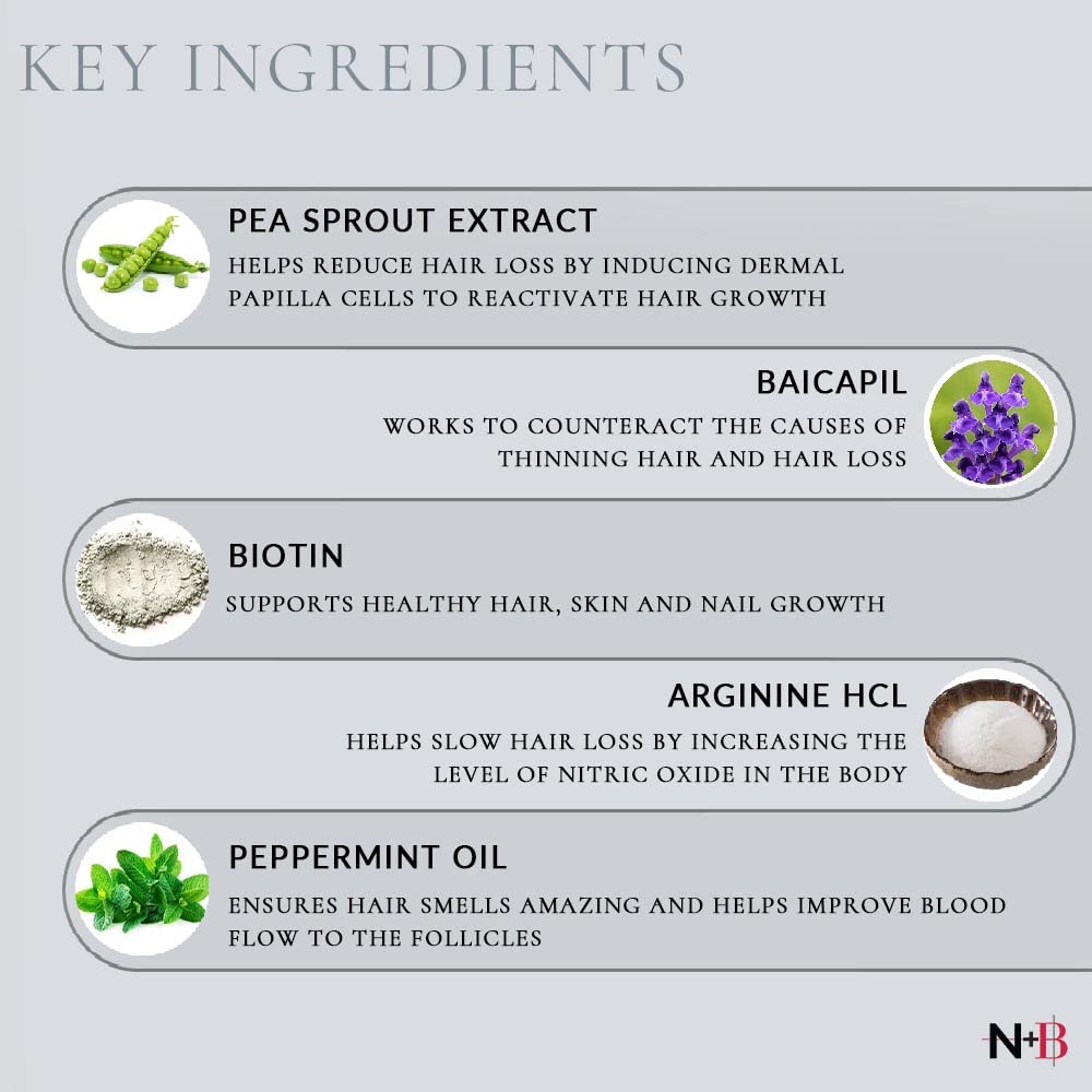 N+B Hair Serum label close-up highlighting natural ingredients.