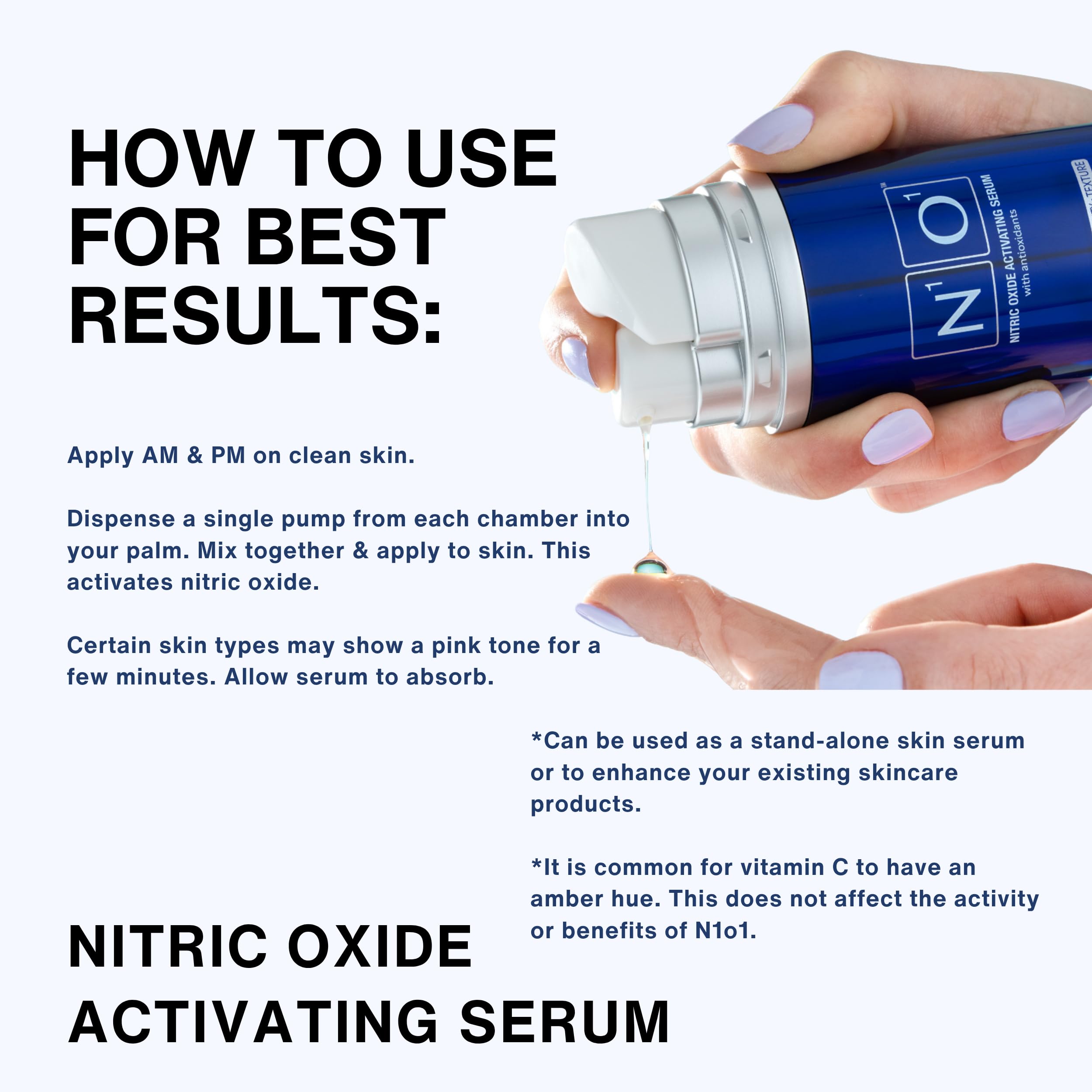 N1O1 Nitric Oxide Serum after-application closeup shows dewy finish.
