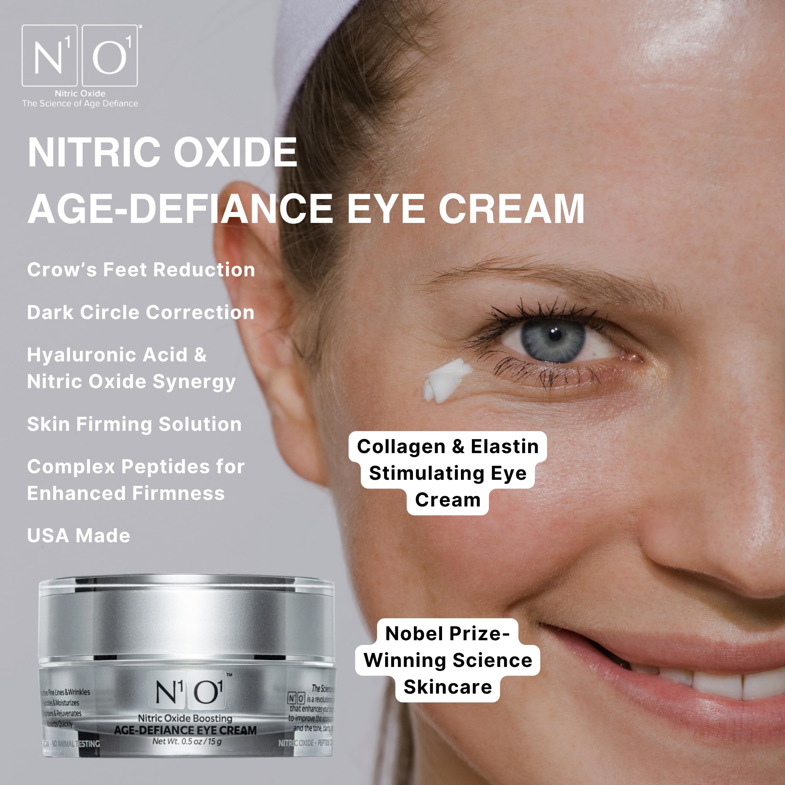 N1O1 Eye Cream visual suggesting smoothing of fine lines and wrinkles.