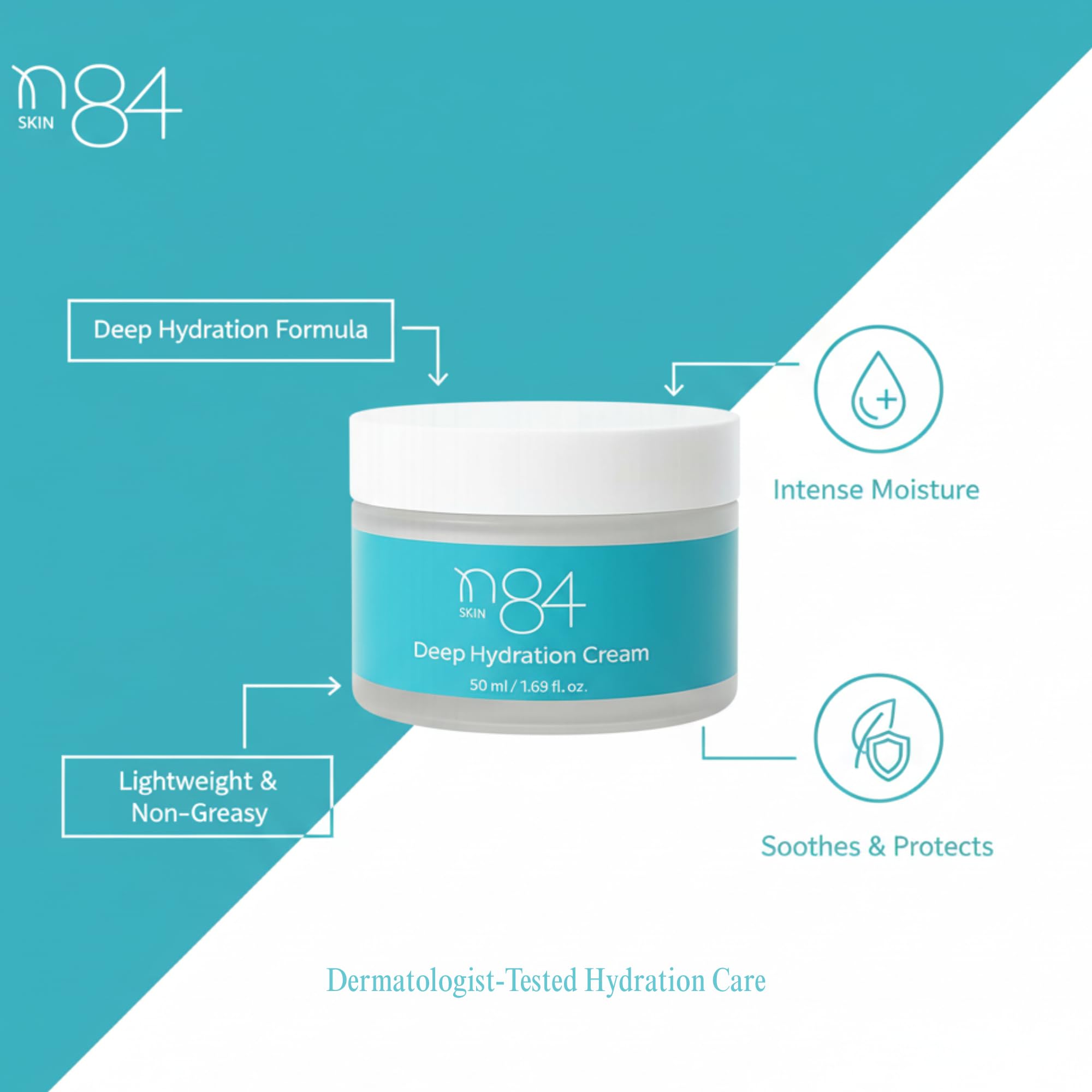 N84 Skin dermatologist-tested label close-up conveys safety.