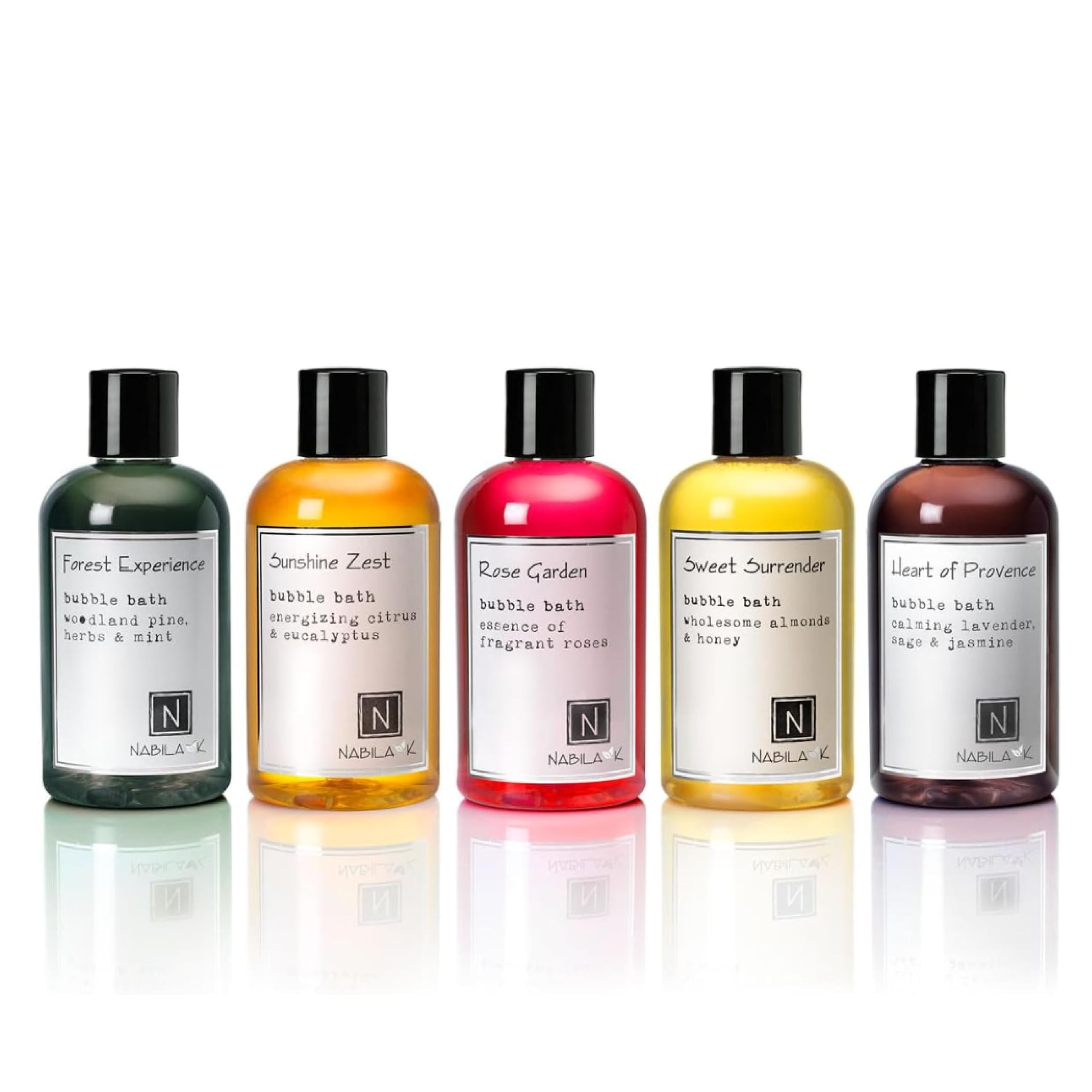 Nabila K Forest Experience bubble bath bottle with calming aroma for a relaxing soak.