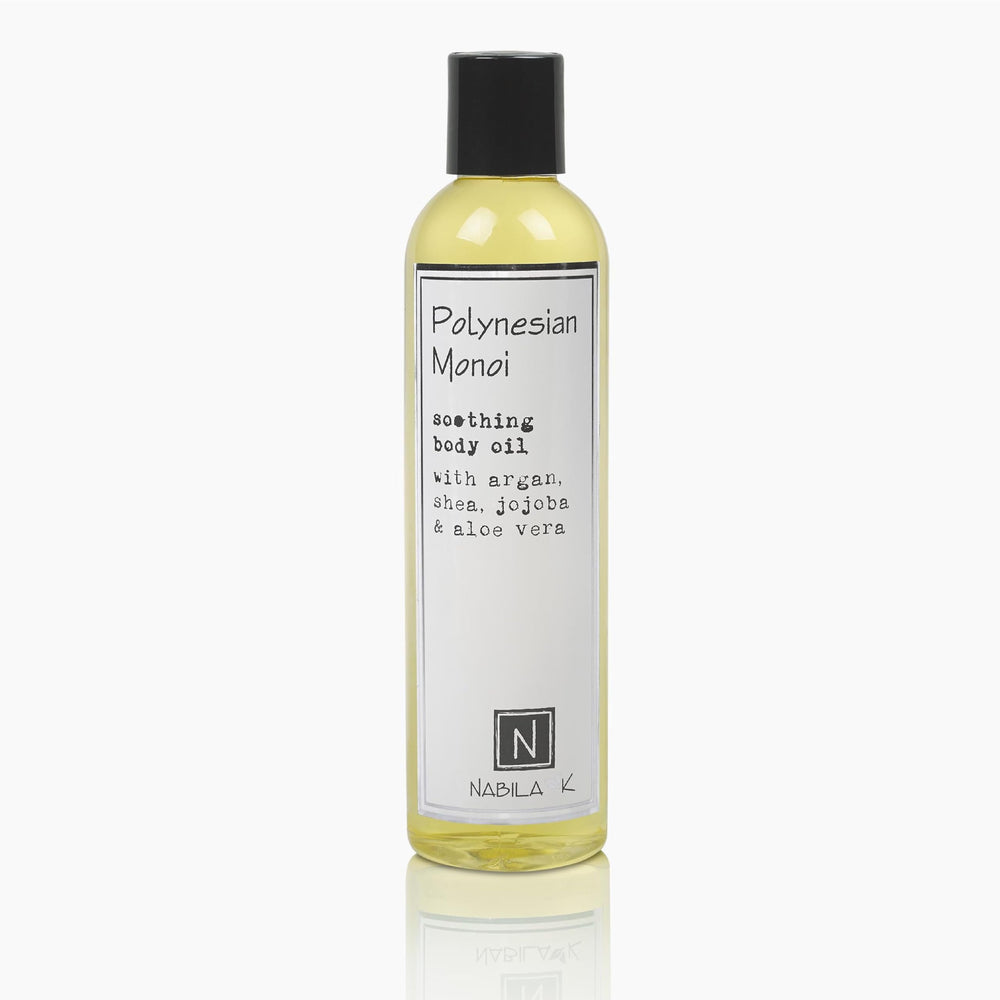 Nabila K Monoi bottle pour shows easy dispensing for quick body oil use