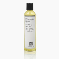 Nabila K Monoi bottle pour shows easy dispensing for quick body oil use
