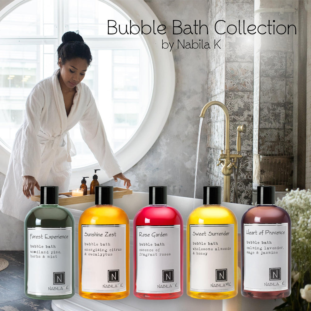 Nabila K Sunshine Zest bubble bath bottle delivering bright citrus notes for an uplifting bath.