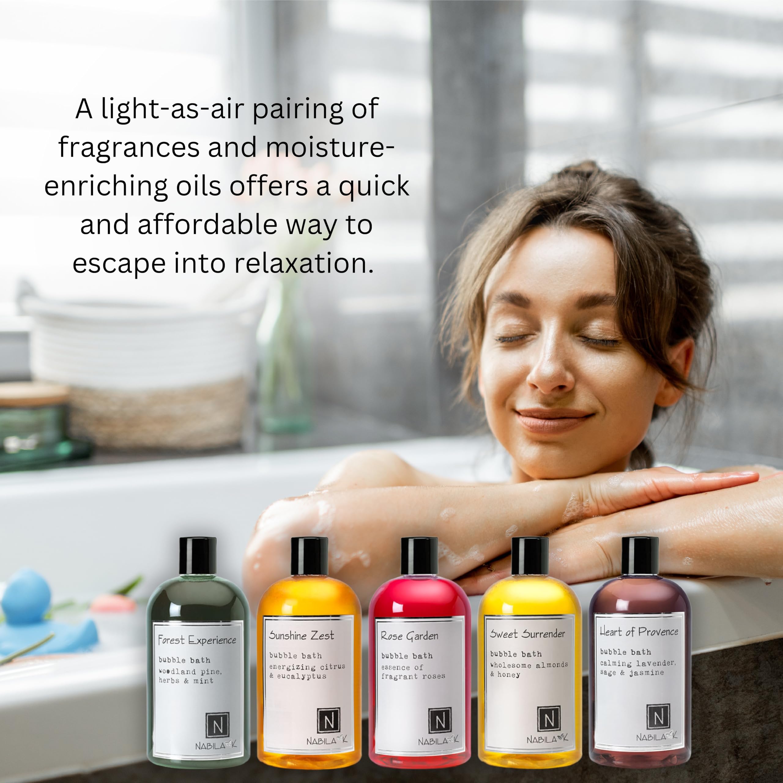 Nabila K Sweet Surrender bubble bath bottle with gentle bubbles and comforting fragrance.